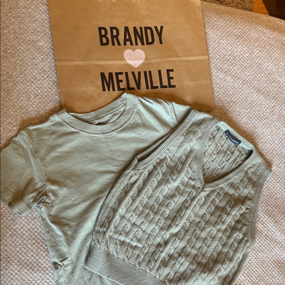 Brandy Melville Light Green Tee and Sweater Vest bundle